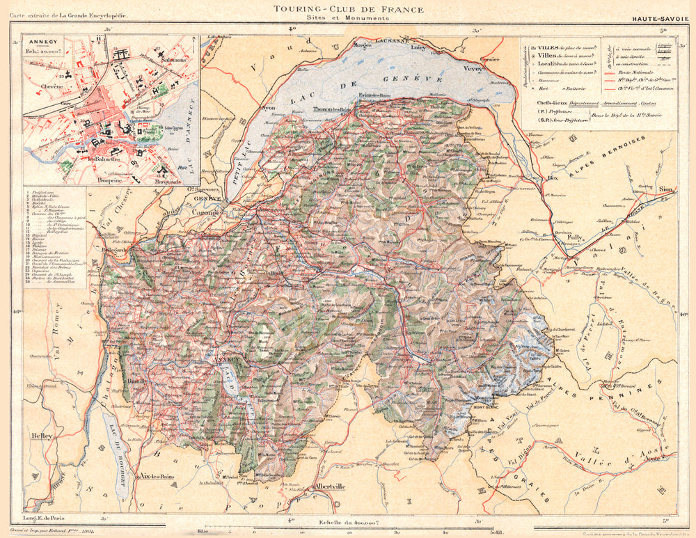 HAUTE-SAVOIE. Département. Inset city town map plan of Annecy 1903 old