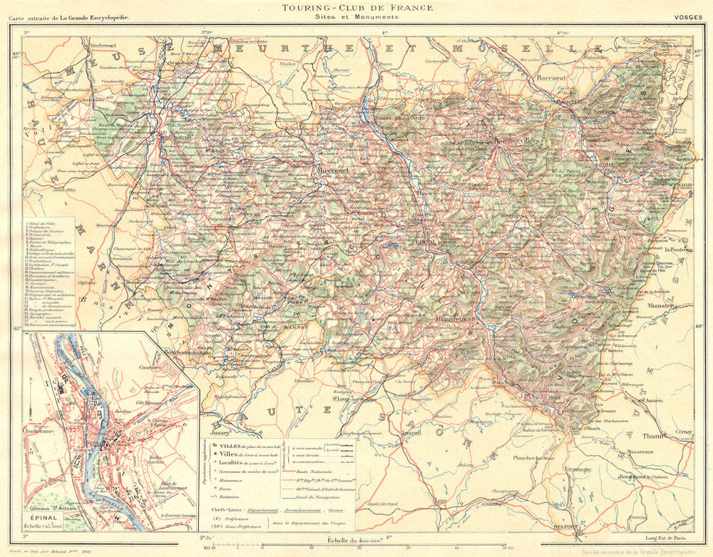 VOSGES. Département. Inset city town map plan of Épinal 1906 old antique