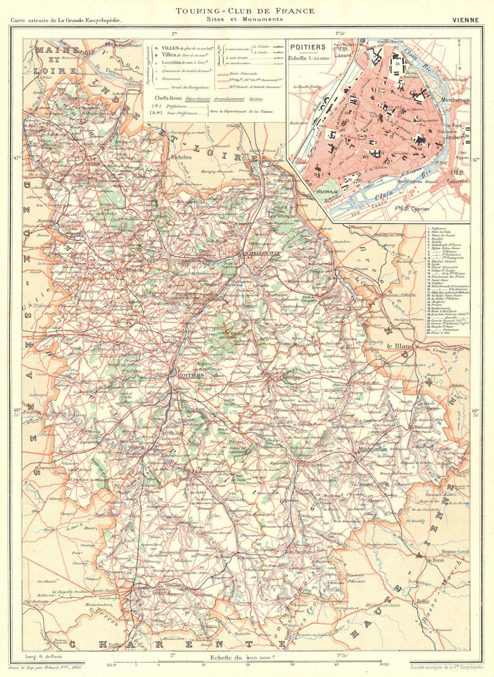 VIENNE. Département. Inset city town map plan of Poitiers 1904 old antique