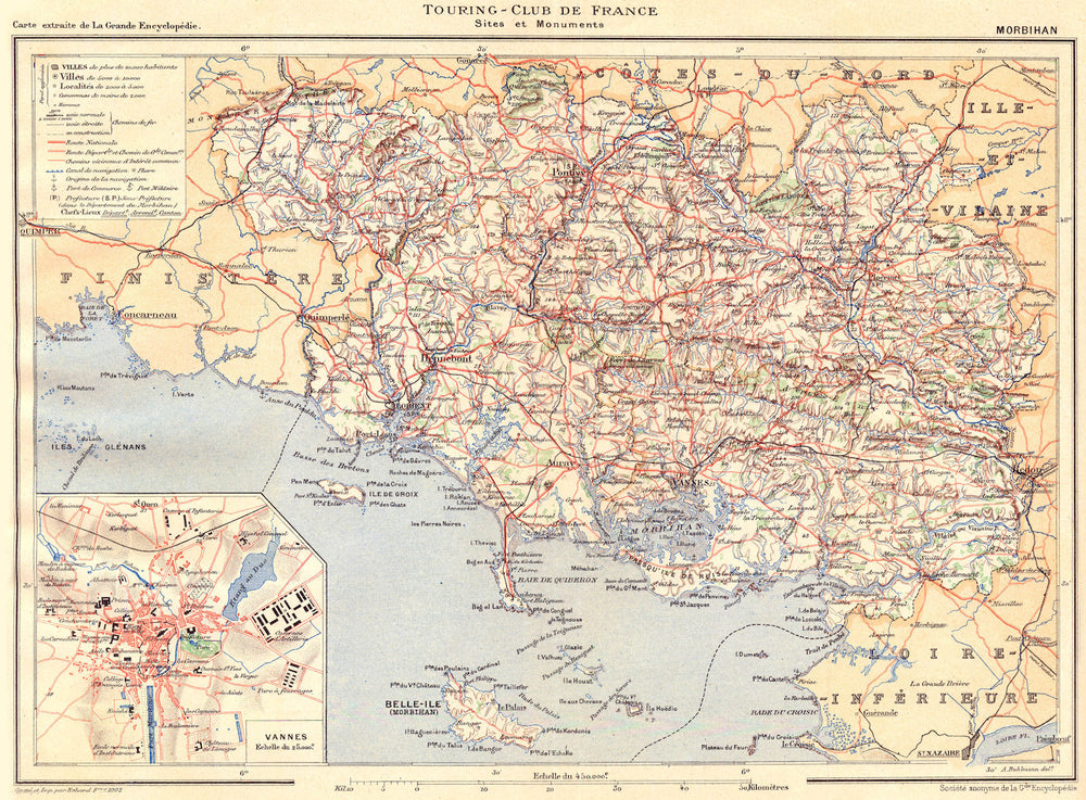 MORBIHAN. Département. Inset city town map plan of Vannes 1903 old antique
