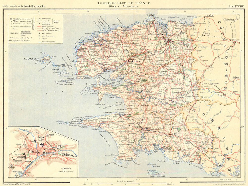 FINISTÈRE. Département. Inset city town map plan of Quimper 1903 old