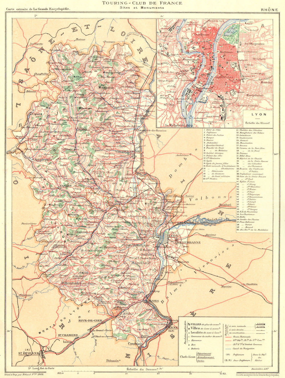 RHÔNE. Département. Inset city town map plan of Lyon 1903 old antique
