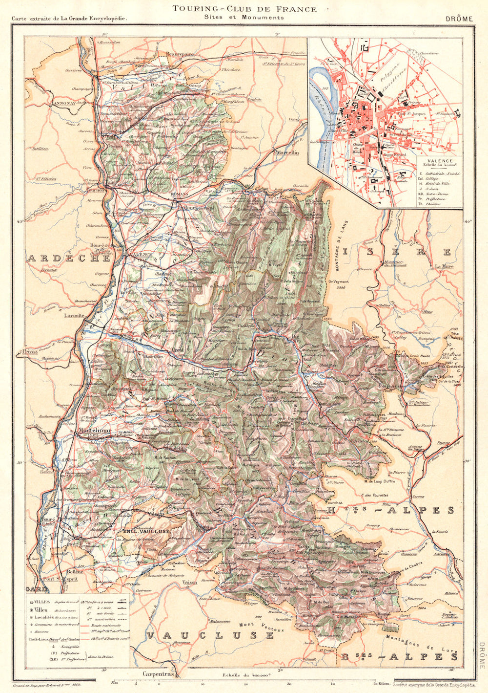 DRÔME. Département. Inset city town map plan of Valence 1904 old antique