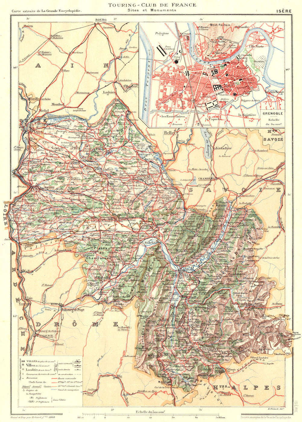 ISÈRE. Département. Inset city town map plan of Grenoble 1904 old antique