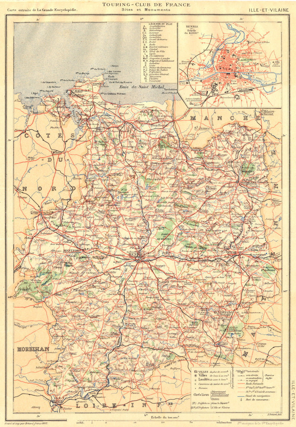 ILLE-ET-VILAINE. Département. Inset city town map plan of Rennes 1902 old