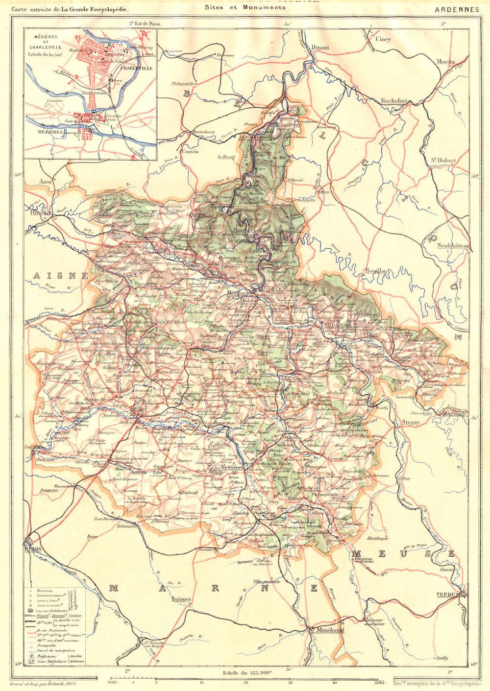 ARDENNES. Département. Inset city town map plan of Mézières et Charleville 1906