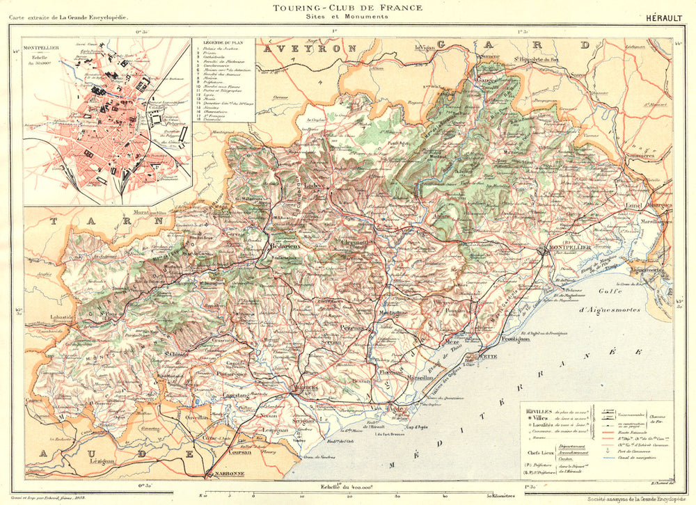 HÉRAULT. Département. Inset city town map plan of Montpellier 1902 old