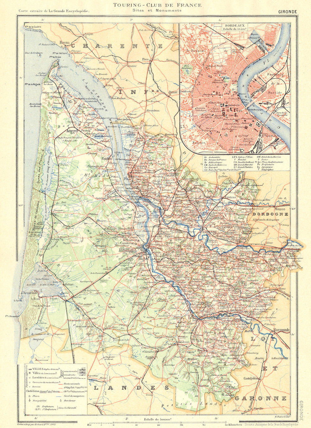 GIRONDE. Département. Inset city town map plan of Bordeaux 1904 old