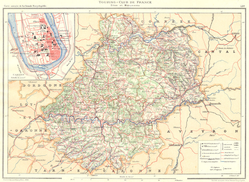 LOT. Département. Inset city town map plan of Cahors 1904 old antique