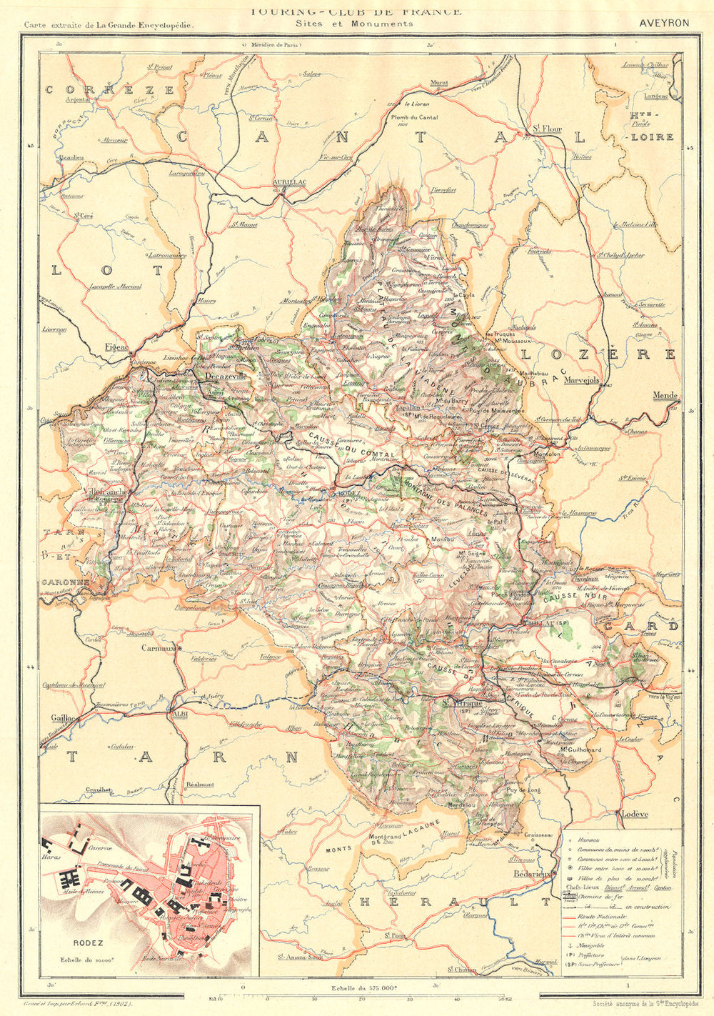 AVEYRON. Département. Inset city town map plan of Rodez 1903 old antique