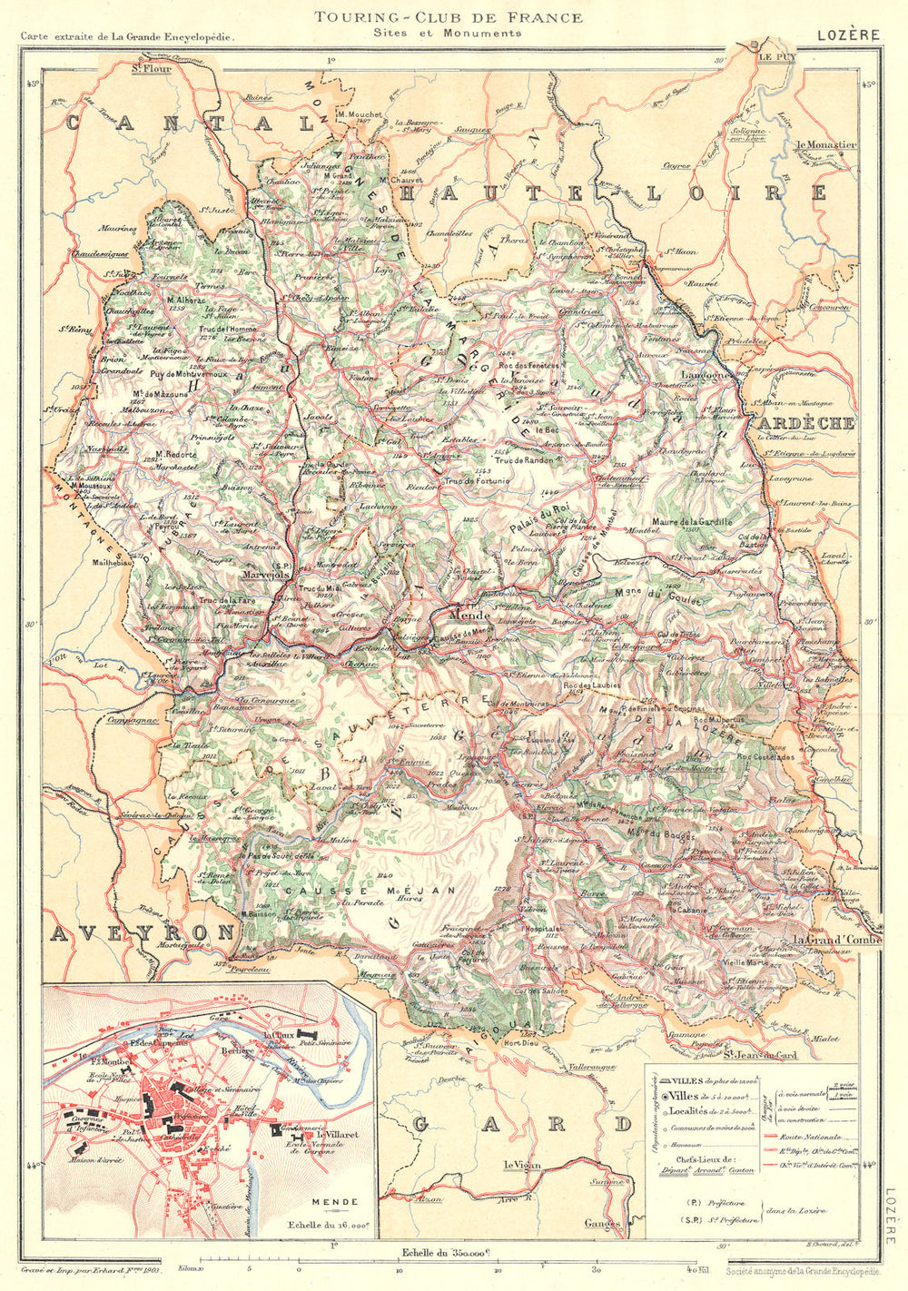 LOZÈRE. Département. Inset city town map plan of Mende 1903 old antique