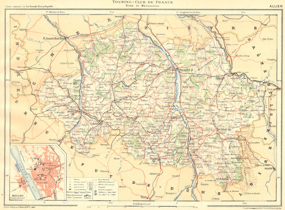 ALLIER. Département ; Inset plan of Moulins 1905 old antique map chart
