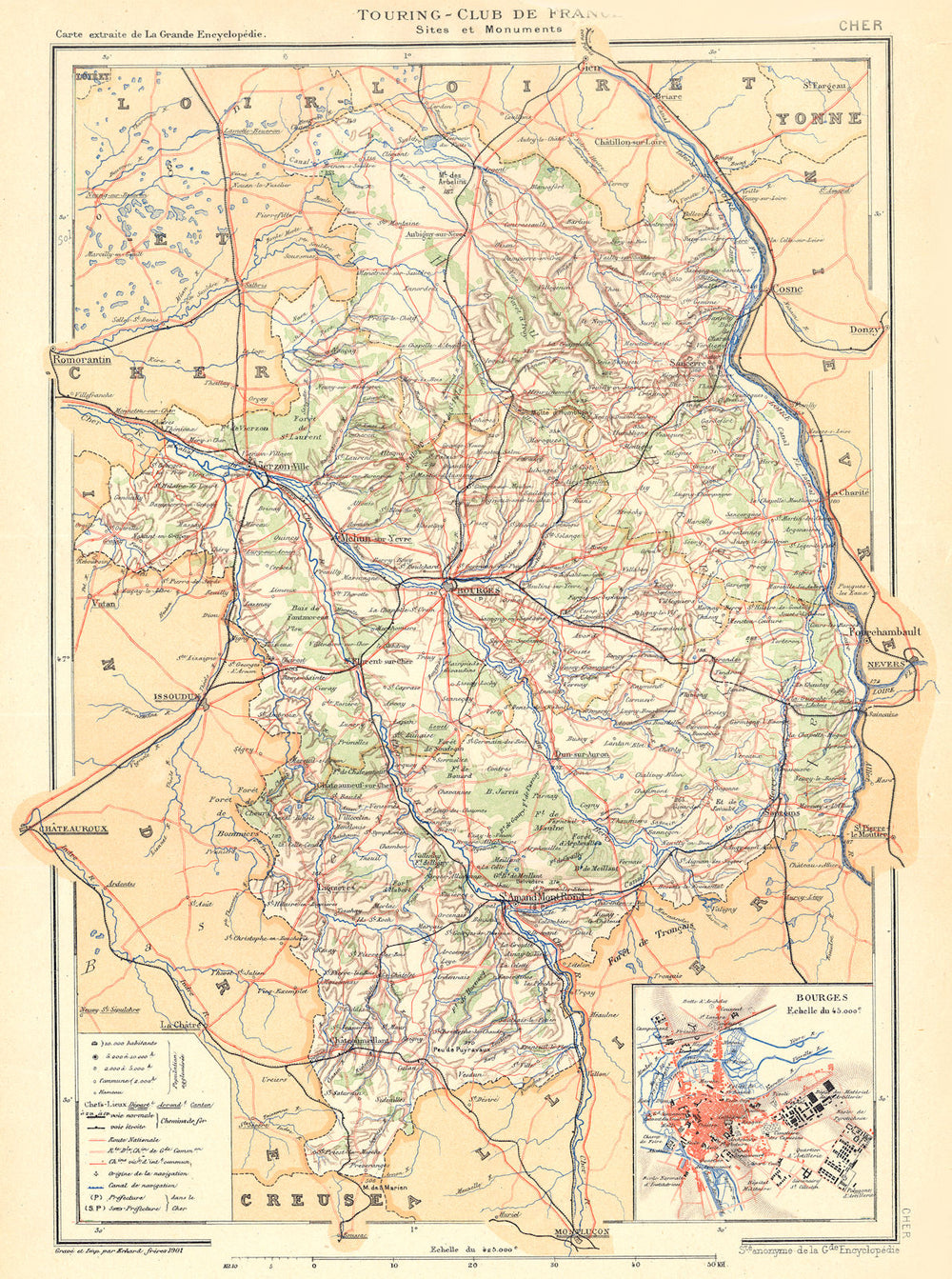 CHER. Département; Inset city town map plan of Bourges 1905 old antique