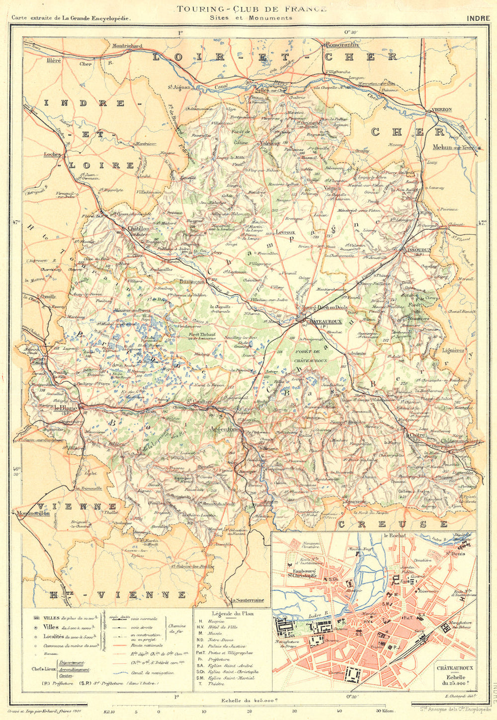 INDRE. Département. Touring Club France Sites Monuments; Châteauroux 1905 map