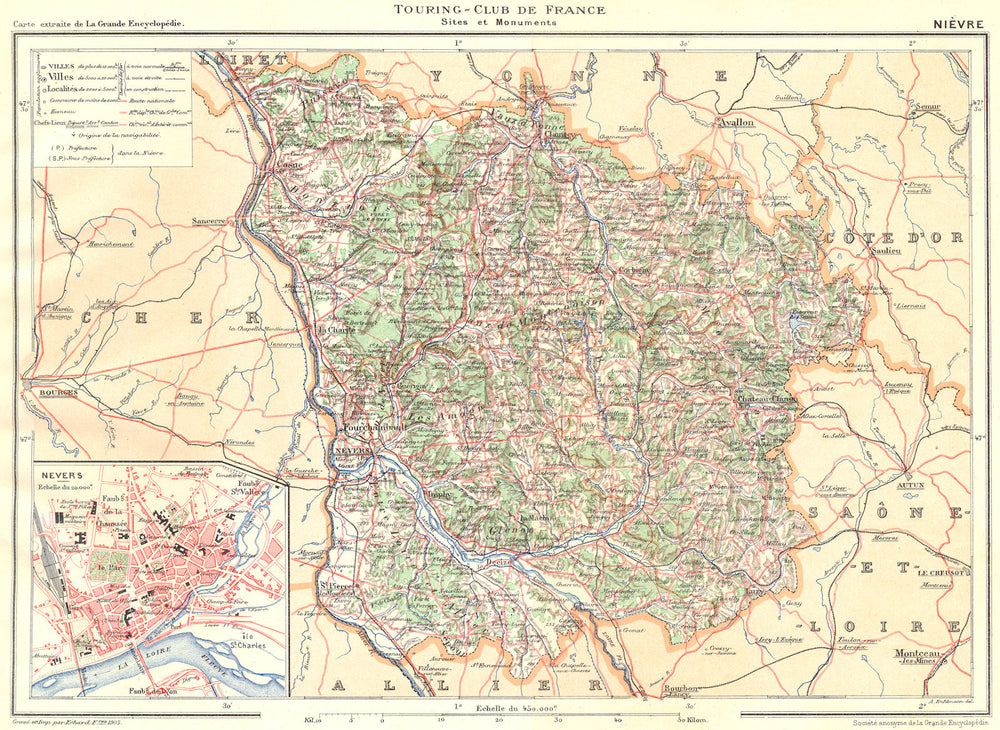 NIÈVRE. Département. Inset city town map plan of Nevers 1905 old antique