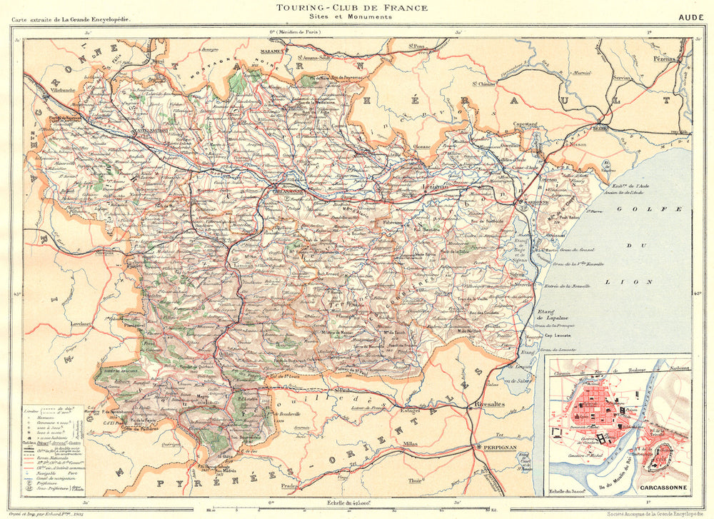 AUDE. Département. Aude. Inset city town map plan of Carcassonne 1903 old