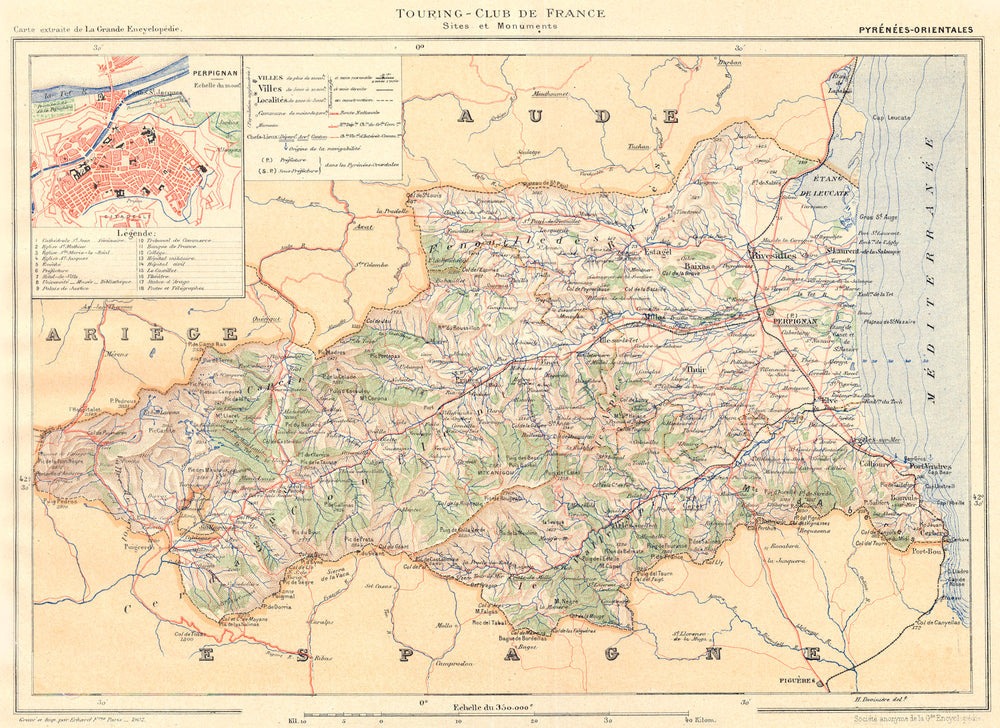 PYRÉNÉES-ORIENTALES. Département. Perpignan 1903 old antique map plan chart