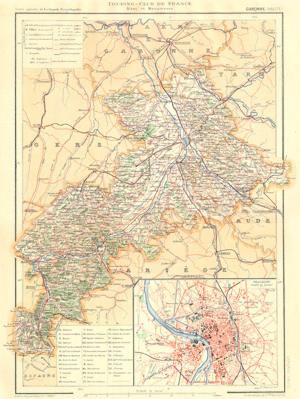 HAUTE-GARONNE. Département. Inset city town map plan of Toulouse 1903 old