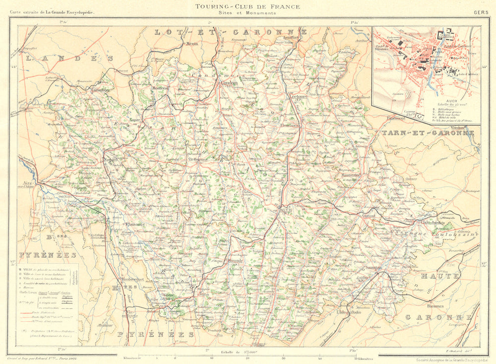 GERS. Département. Inset city town map plan of Auch 1903 old antique chart