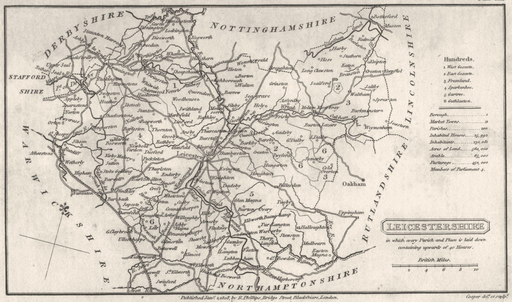 LEICESTERSHIRE. Phillips. Small copperplate map. Hundreds detailed 1808