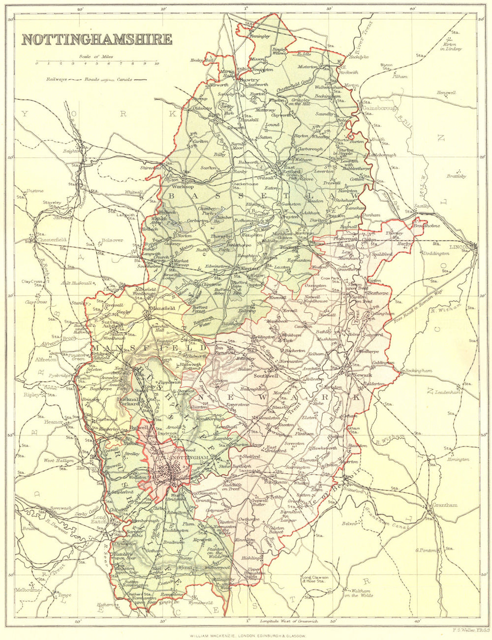 NOTTINGHAMSHIRE. Brabner / Weller map of the county.  1895 old antique