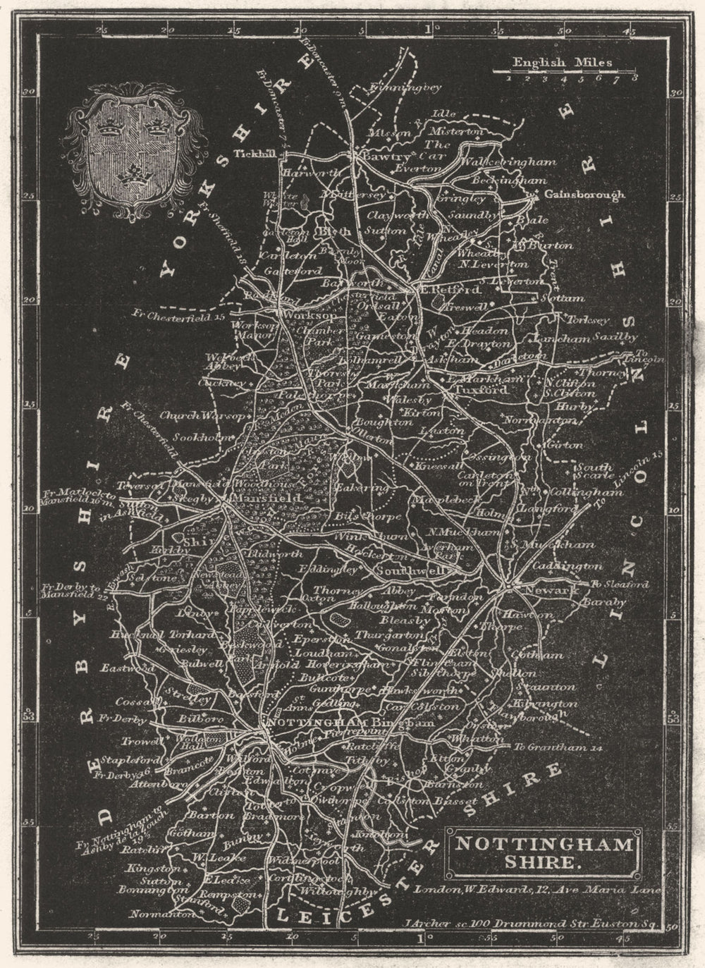 NOTTINGHAMSHIRE. Pinnock. Unusual Map- Printed White on Black 1833 old
