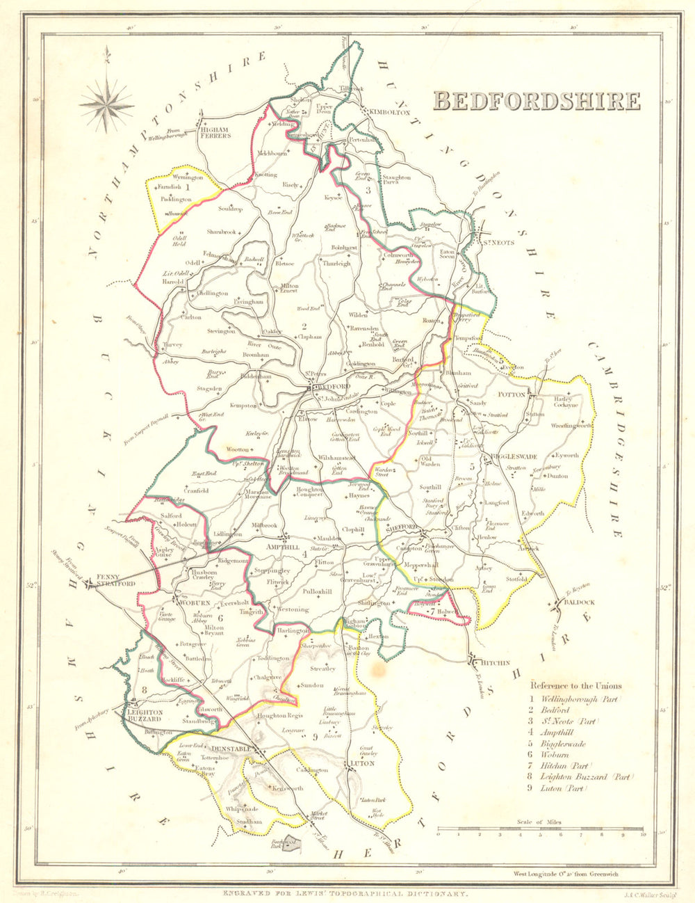 BEDFORDSHIRE. Beds. Lewis. Original. Outline colouring 1831 old antique map