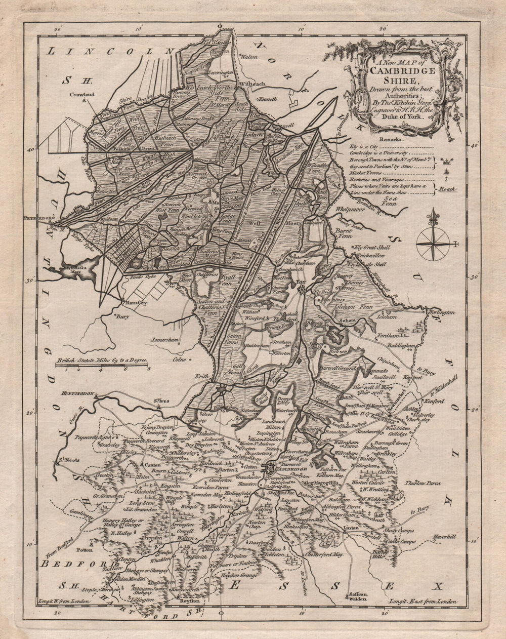 A new map of Cambridgeshire by Thomas Kitchin. County map 1764 old antique