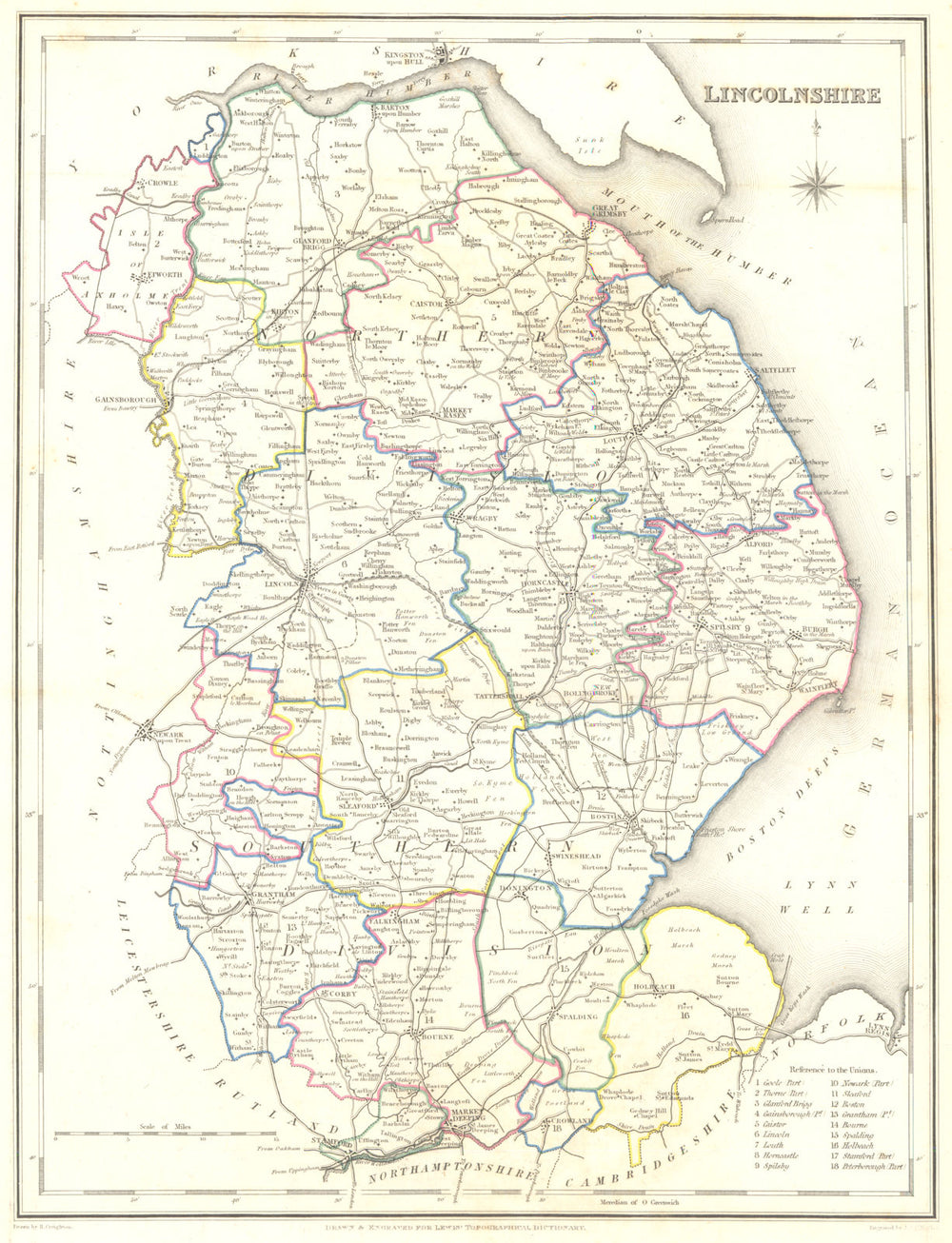 LINCOLNSHIRE. Lincs. Lewis. Original outline colouring 1849 old antique map