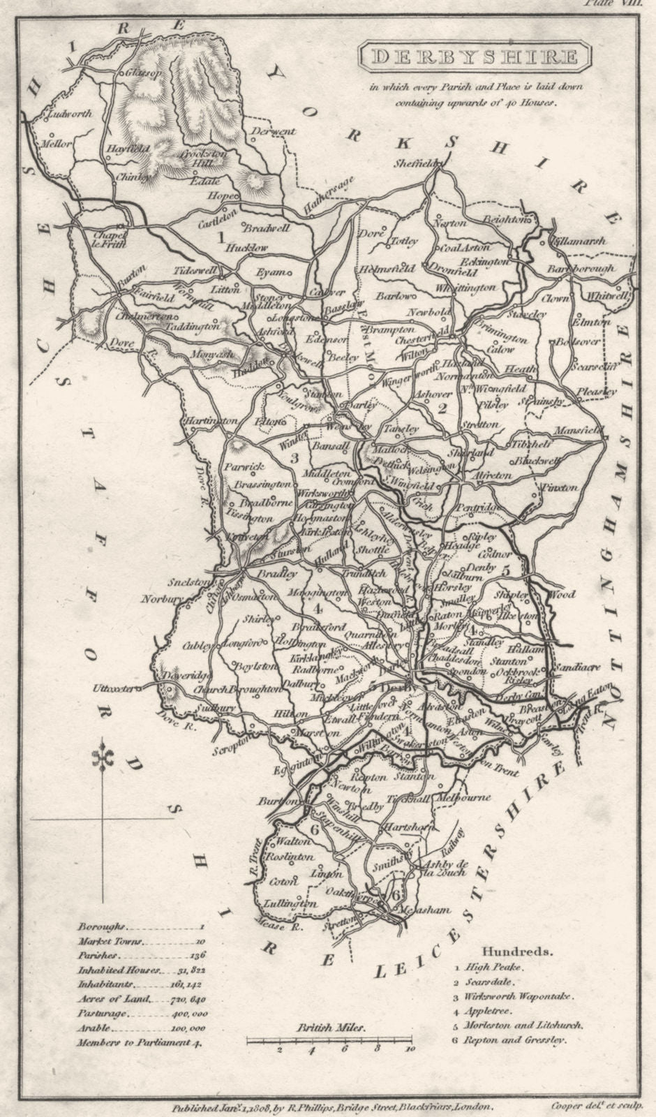 DERBYSHIRE. Derbys Phillips. Cooperplate map. Hundreds detailed 1808 old