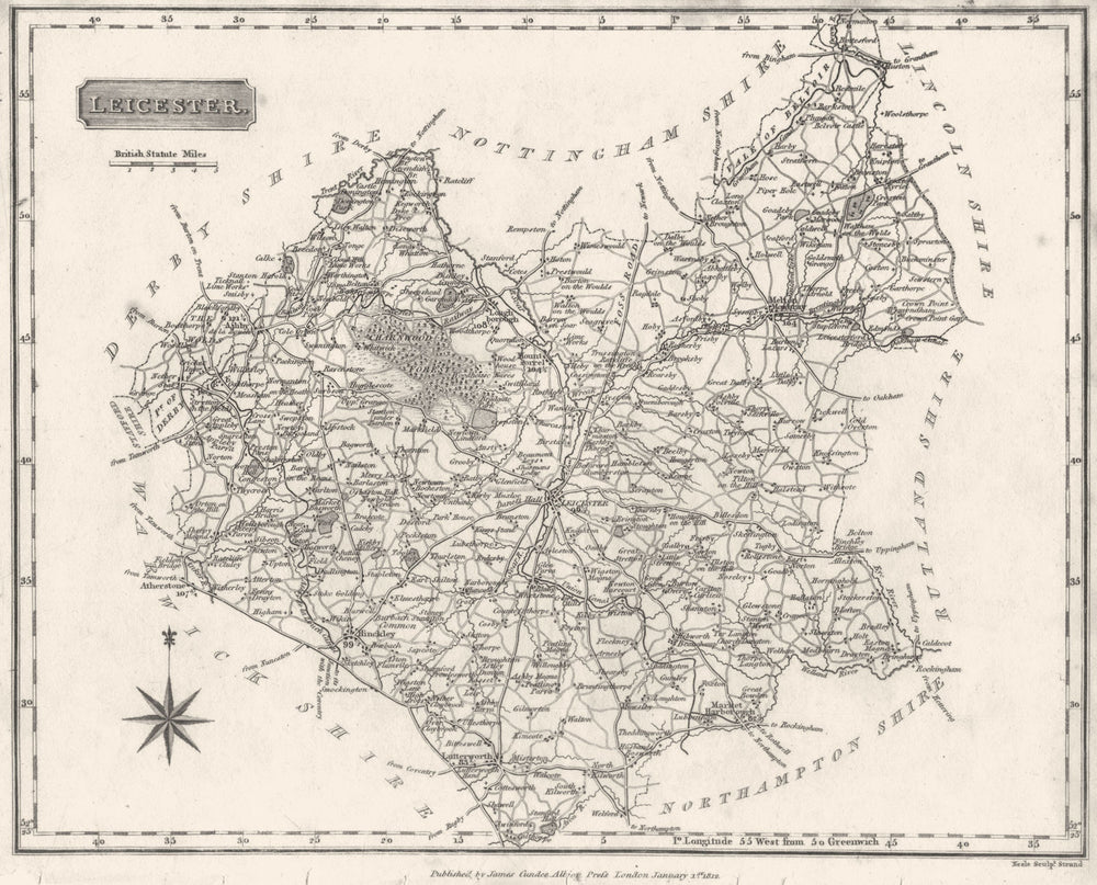 LEICESTERSHIRE. Leics Neele. Hatched title. Compass. MFE. Leicester 1812 map