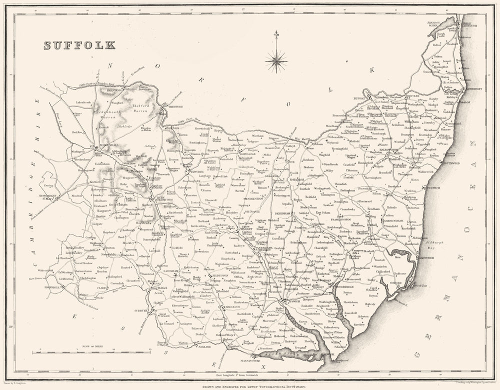 SUFFOLK. Suffolk. Lewis 1844 old antique vintage map plan chart