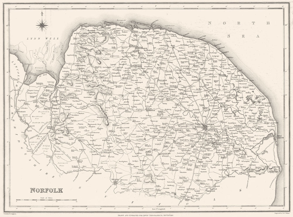 NORFOLK. Norfolk. Lewis 1844 old antique vintage map plan chart
