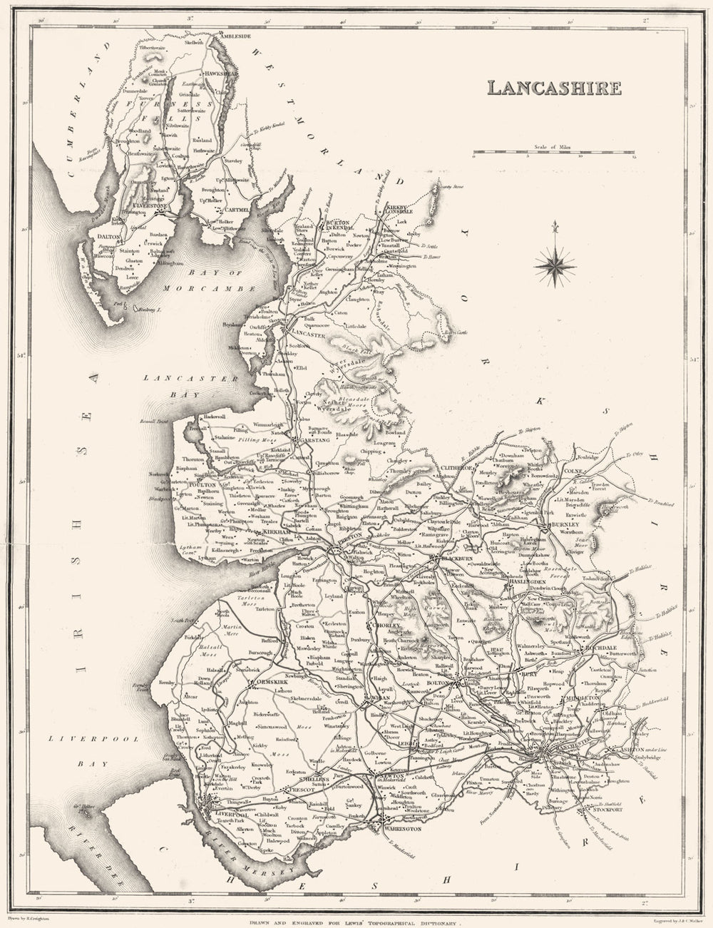 LANCASHIRE. Lancs. Lewis 1844 old antique vintage map plan chart
