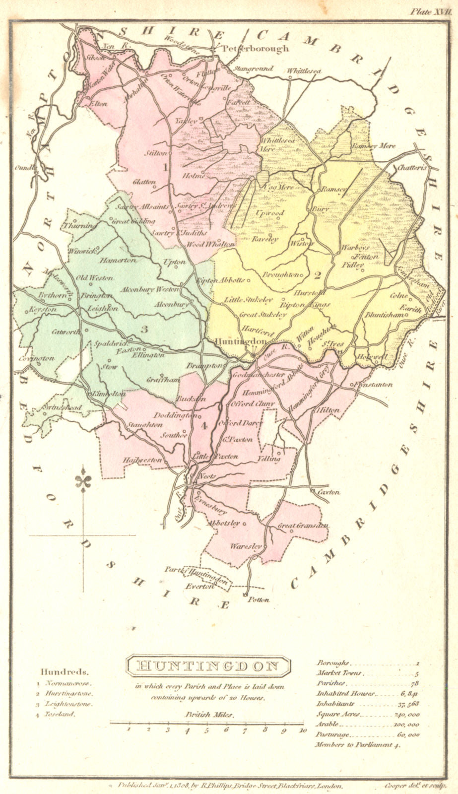 HUNTINGDONSHIRE. Capper. Not that common. Huntingdon 1808 old antique map