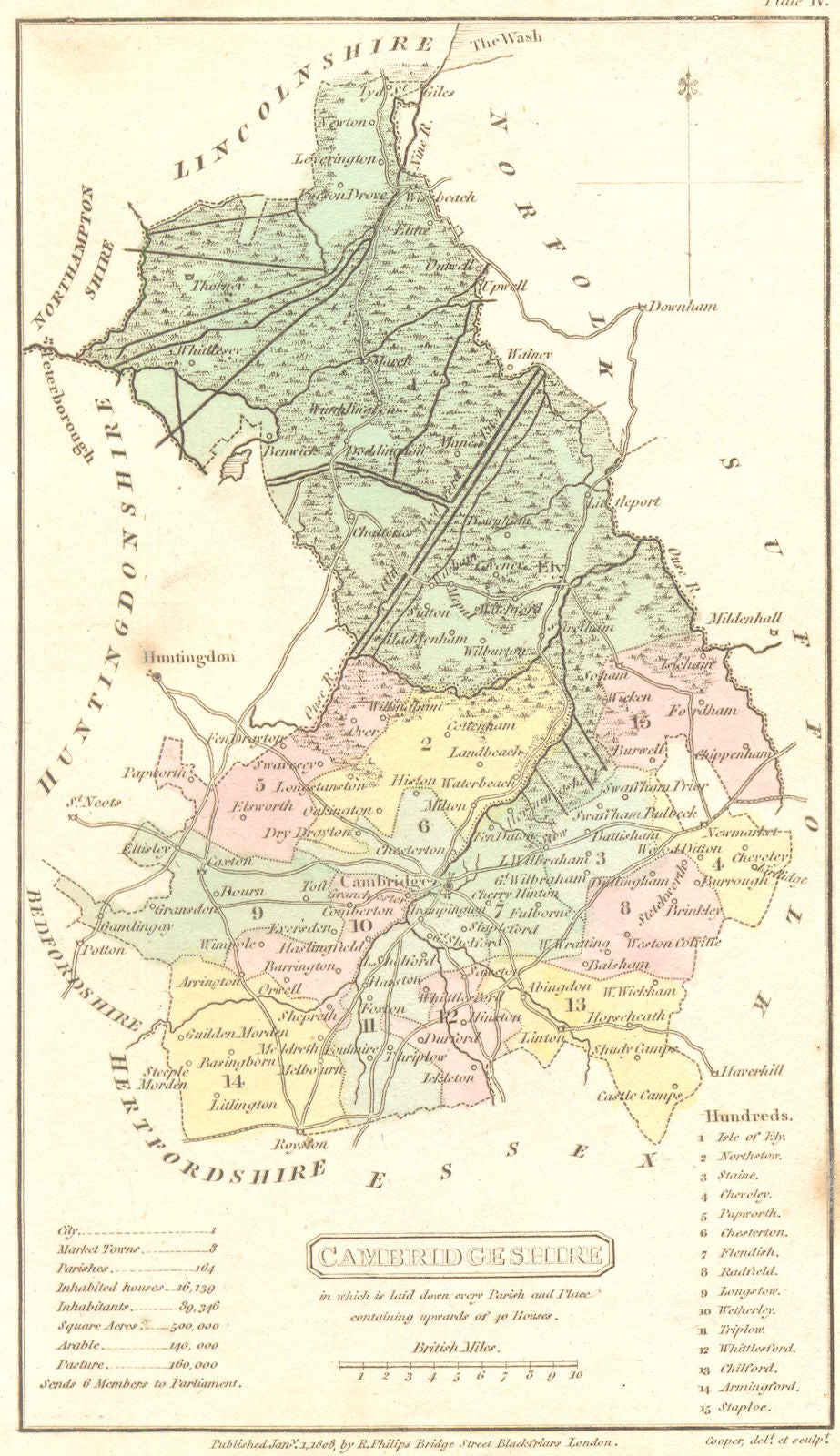 CAMBRIDGESHIRE. Capper. Scarce Edition in Original Colour 1808 old antique map