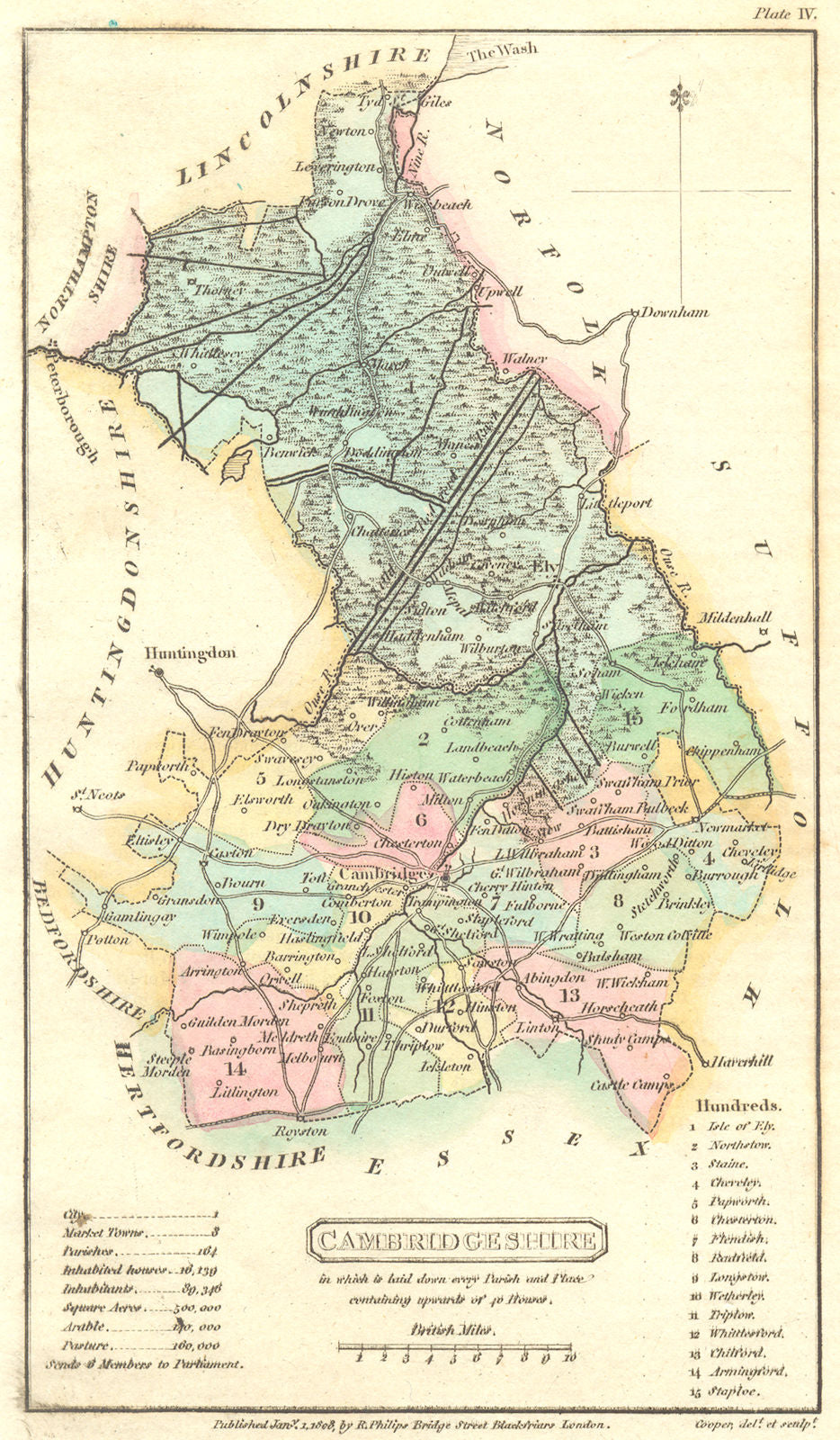 CAMBRIDGESHIRE. Capper. Scarce Edition; Original Colour 1813 old antique map