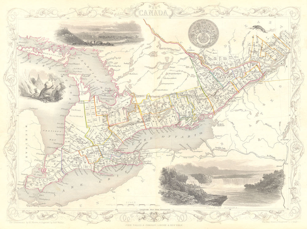 WEST CANADA. Ontario. Great Lakes Huron Erie.Tallis.Decorative.Niagara 1853 map