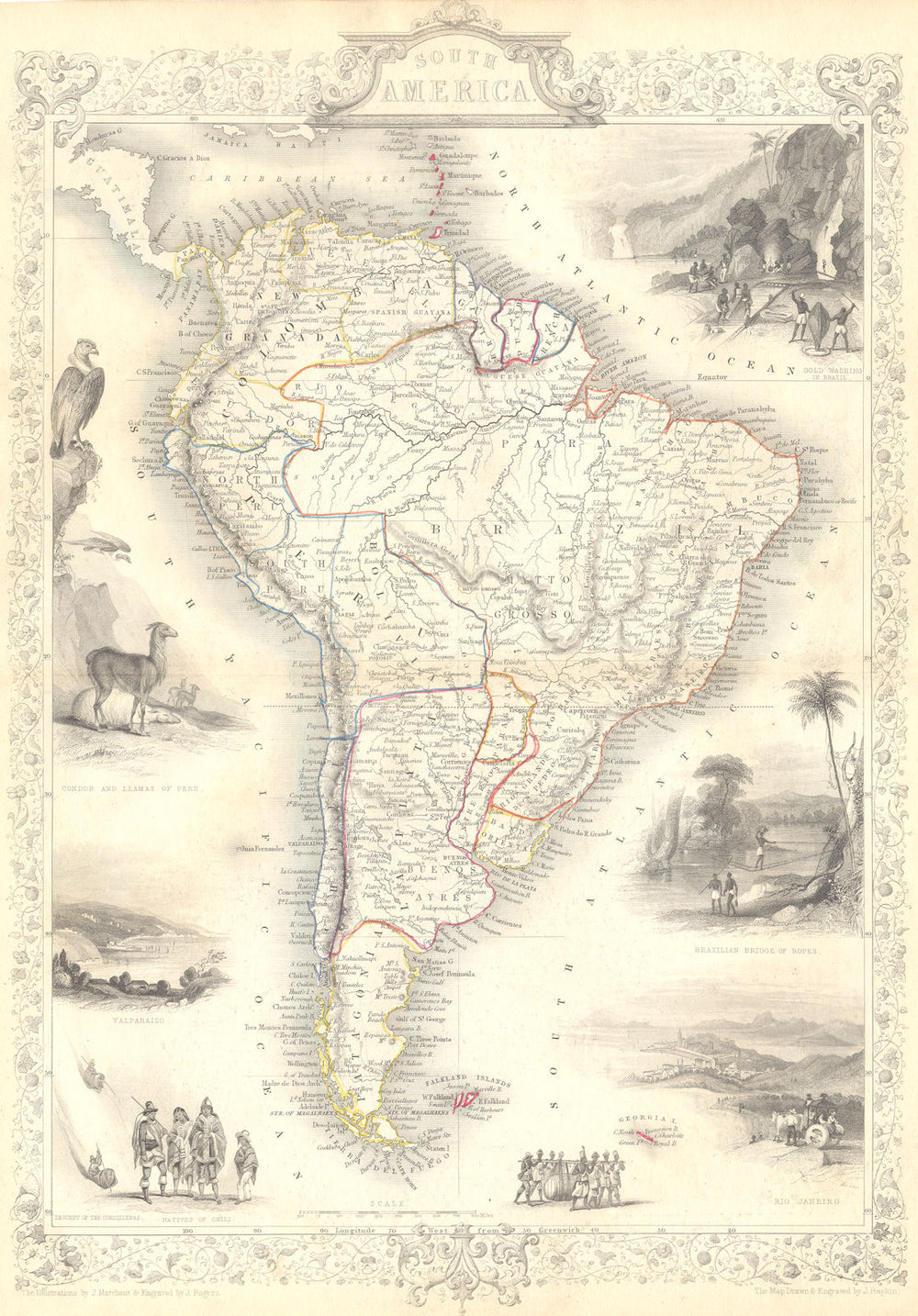 SOUTH AMERICA. Tallis. Decorative. Vignettes. Original Outline Colour 1853 map