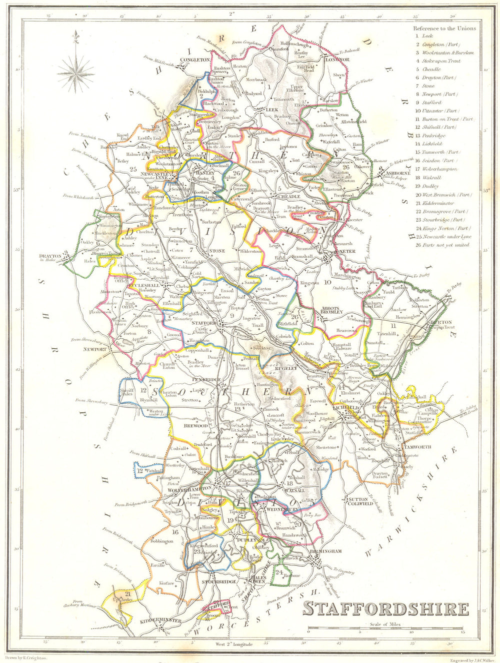 STAFFORDSHIRE. Staffs. Lewis. Original Outline Colouring 1831 old antique map