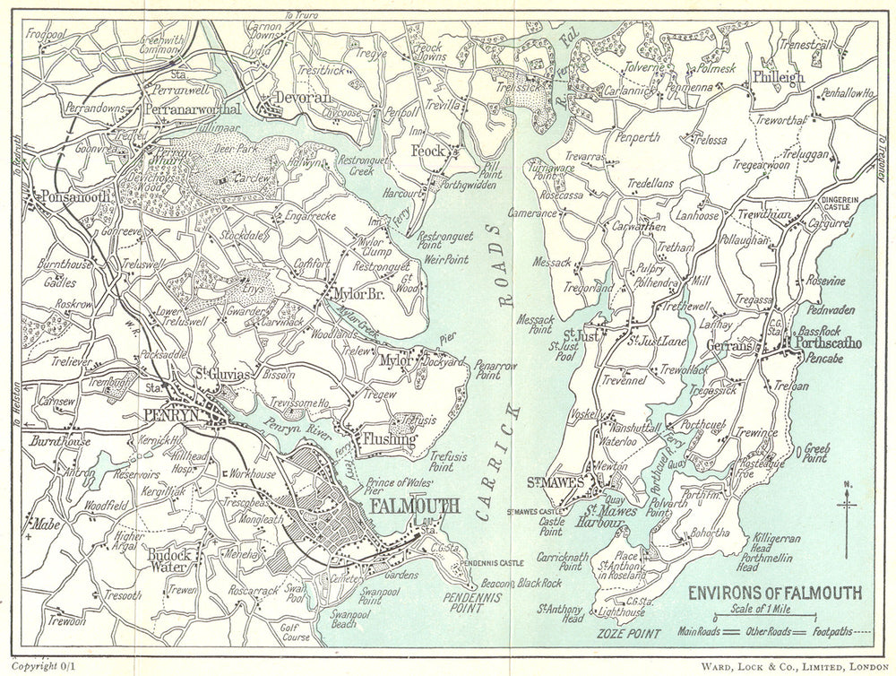 FALMOUTH ENVIRONS. Falmouth Carrick Roads St Mawes Penrhyn. WARD LOCK c1955 map