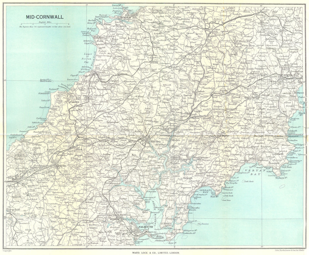 MID-CORNWALL. Falmouth Truro Camborne St Austell Newquay. WARD LOCK c1955 map