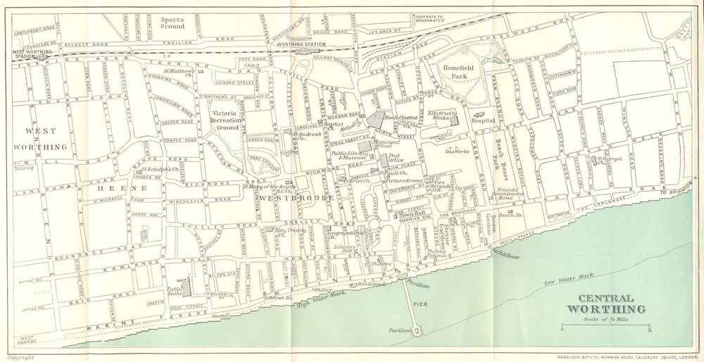CENTRAL WORTHING vintage town/city Plan. Sussex. WARD LOCK 1936 old map