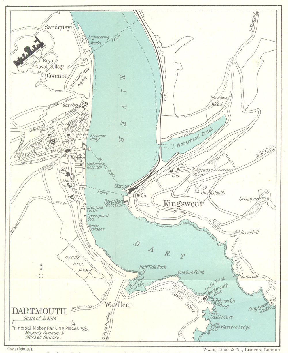 DARTMOUTH vintage town/city plan. Kingswear. Devon. WARD LOCK 1952 old map