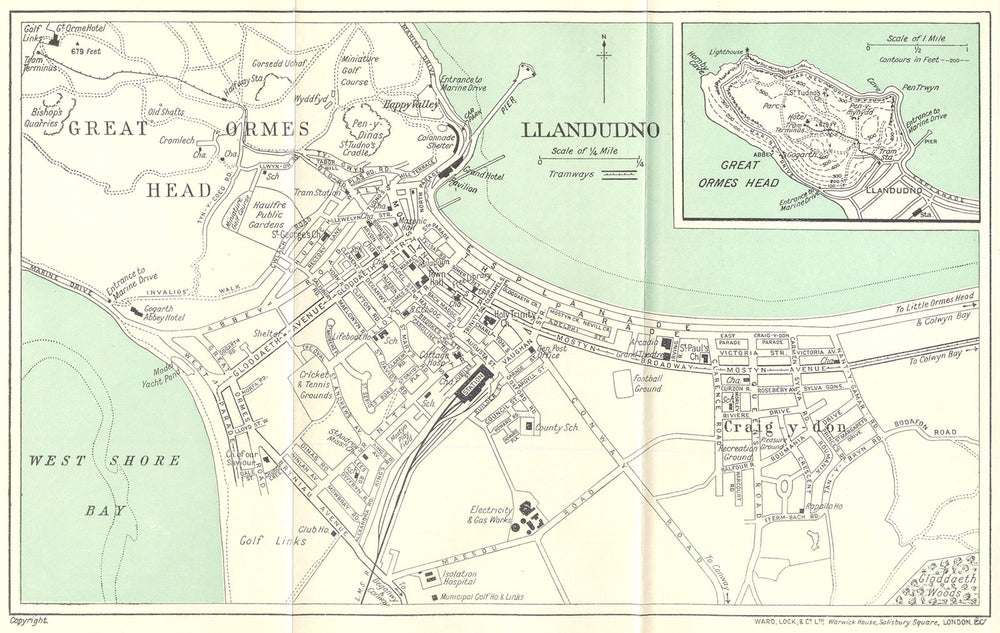 WALES. Llandudno; Inset map of Great Ormes Head. WARD LOCK 1936 old