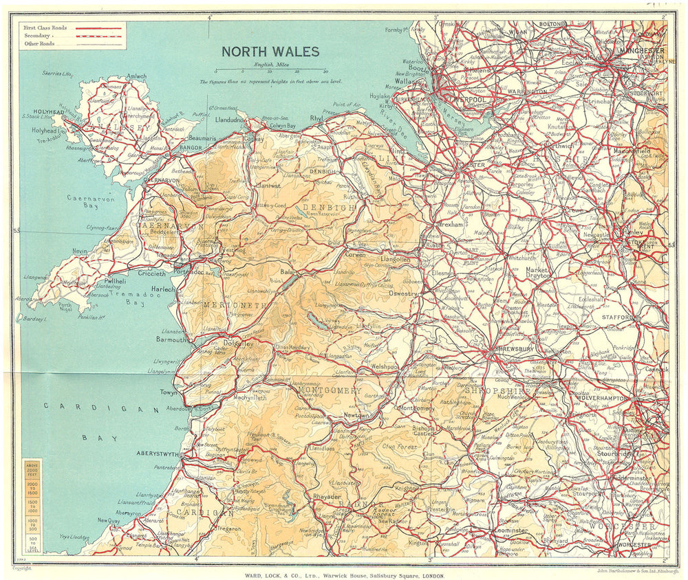 WALES. North Wales. WARD LOCK 1936 old vintage map plan chart