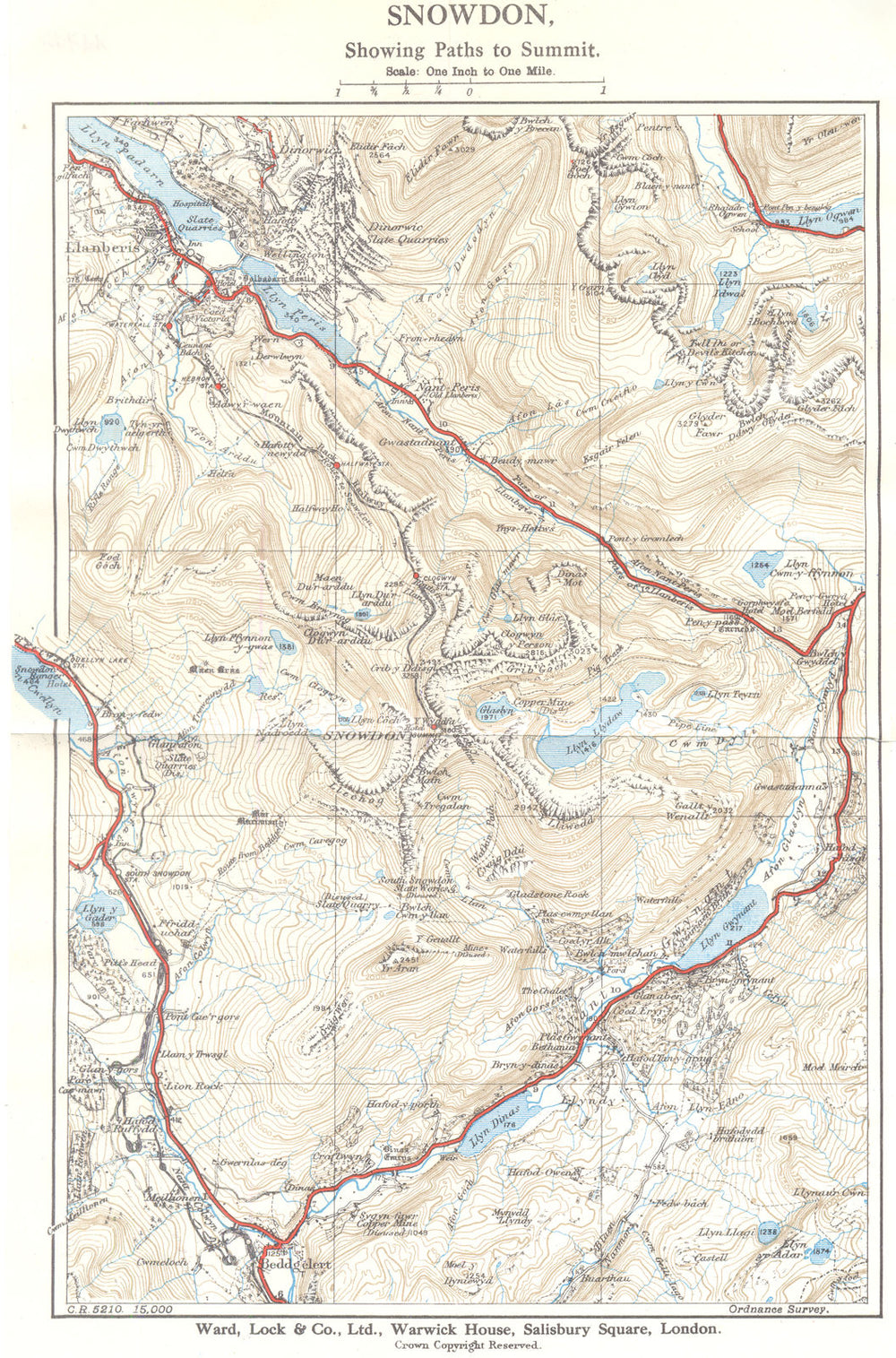 WALES. Snowdon, showing paths to summit. WARD LOCK 1936 old vintage map chart