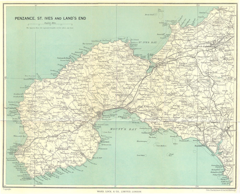 CORNWALL. Penzance, St. Ives and Land's End. Camborne. WARD LOCK 1952 old map