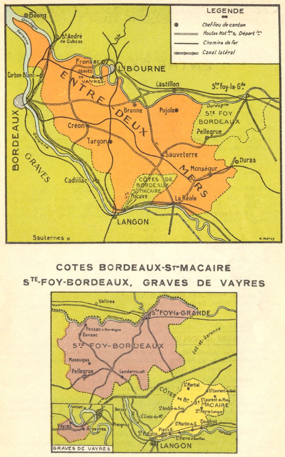 WINE MAP.Entre-deux-Mers;Cotes Bordeaux-St-Macaire Ste.Foy.Graves Vayres 1939