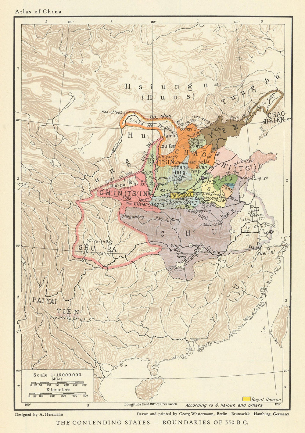China. The Contending States-Boundaries of 350 BC 1935 old vintage map chart